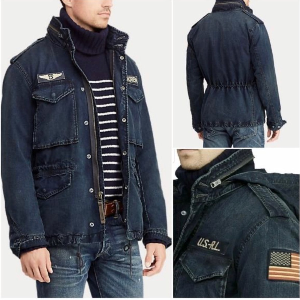Polo Ralph Lauren Men’s USA Flag Military Patch Denim Field Jacket Size XL